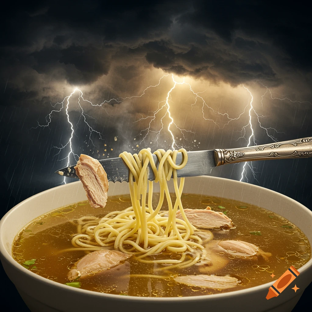 A knife holds noodles and a piece of chicken over a bowl of soup, under a stormy sky with lightning.