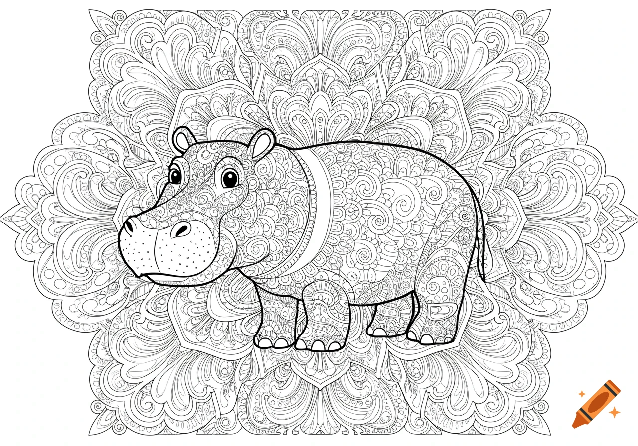 A black and white line art coloring page featuring a whimsical hippo in the center of an intricate mandala pattern.