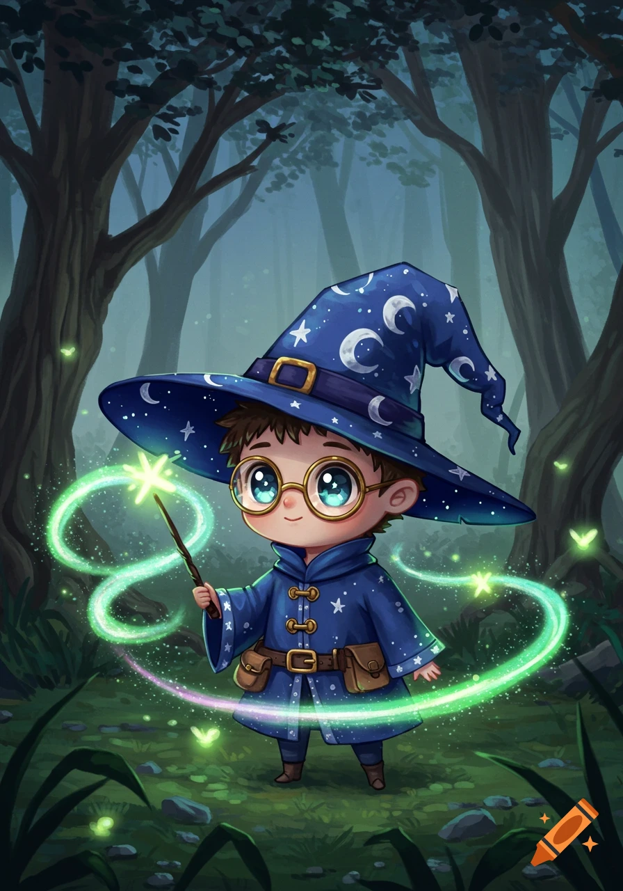 A cute chibi wizard in a blue starry hat and glasses, casting a green spell with a glowing wand in a magical forest.