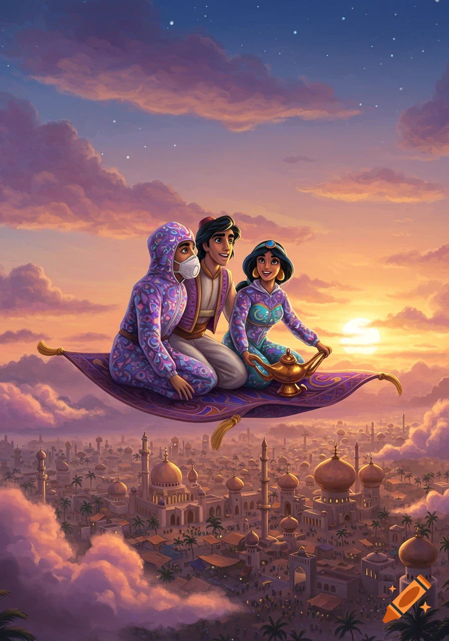 Aladdin, Jasmine, and a third person in patterned hazmat suits fly on a magic carpet over a Middle Eastern city at sunset.