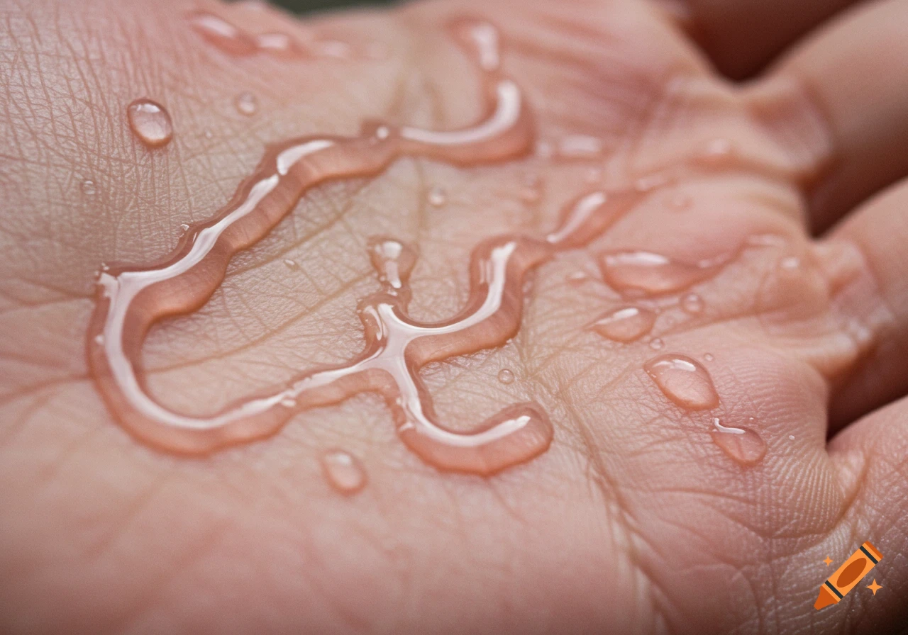 Close-up of clear viscous liquid forming tracks and drops on a person's hand with visible skin texture.