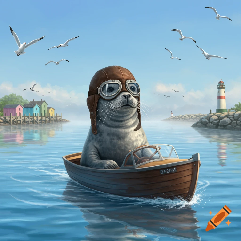 A harbor seal wearing a pilot hat and goggles drives a wooden boat in a vibrant harbor with a lighthouse and colorful houses.
