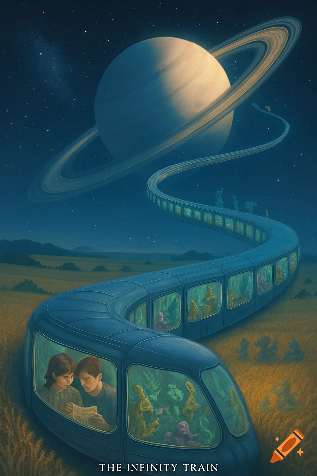 A fantastical train travels from a golden field into space towards a ringed planet, carrying abstract creatures and two humans.
