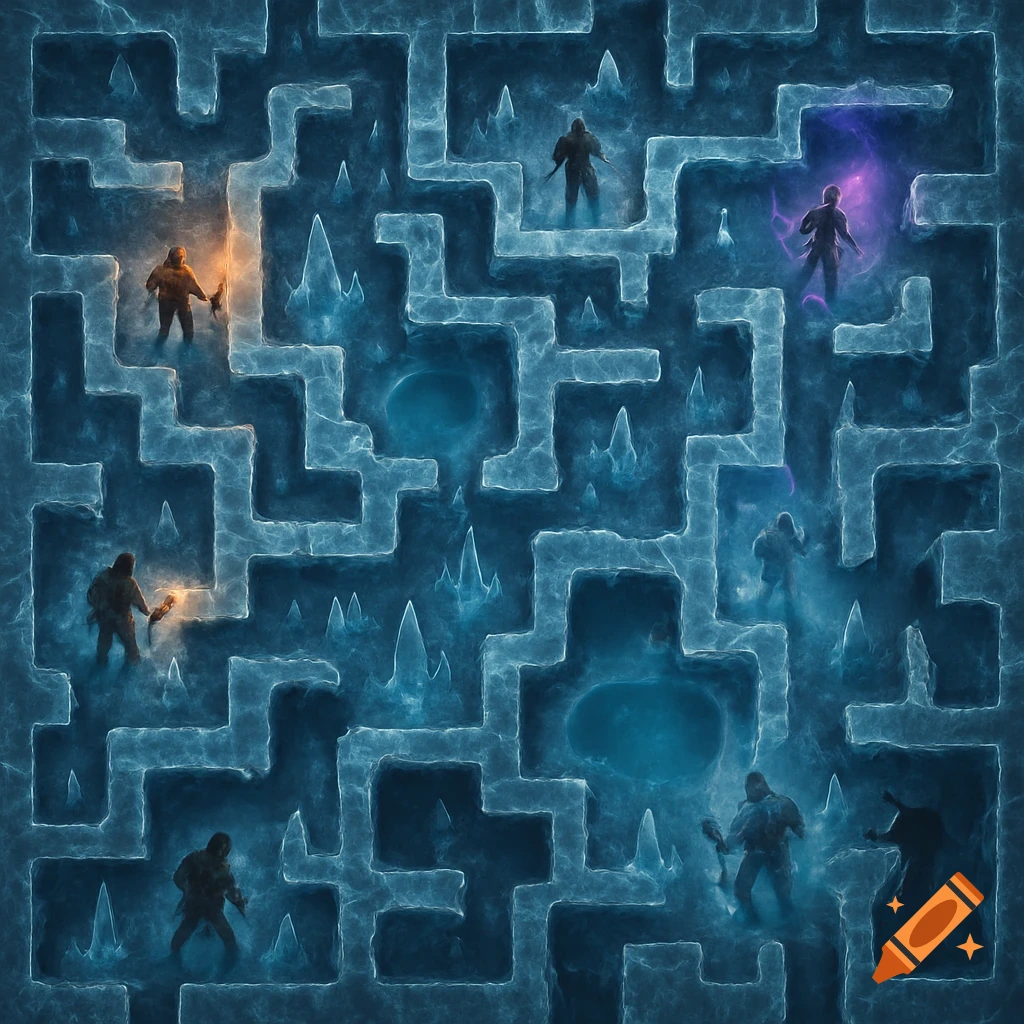 Top-down view of adventurers exploring a twisting ice labyrinth with glowing elements and icy stalagmites.
