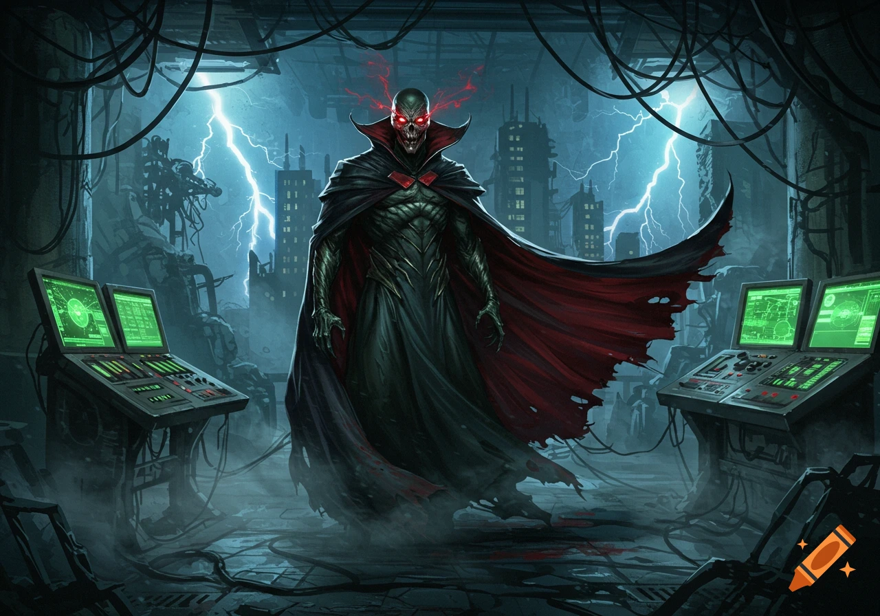 A demonic supervillain with glowing red eyes and a dark cape stands in a ruined city with lightning, dark fantasy art style.