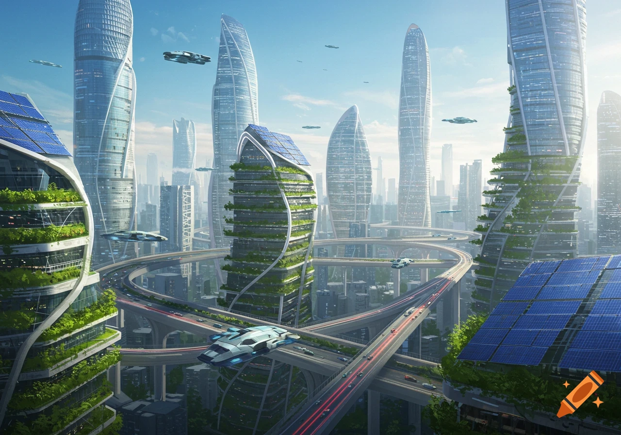 A vibrant futuristic city with green skyscrapers, solar panels, multi-level highways, and flying vehicles under a clear sky.