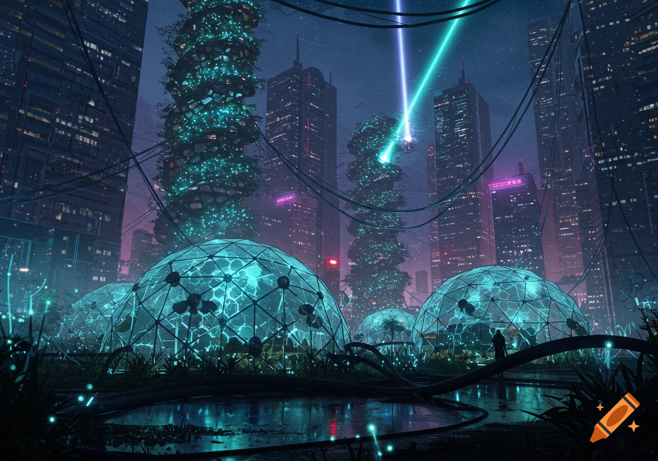 A futuristic cityscape at night with glowing geodesic domes, spiraling green towers, skyscrapers, and laser beams in the sky.