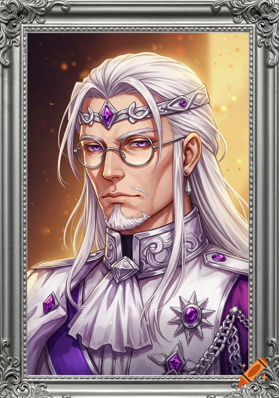 Anime portrait of a mature man with long white hair, purple eyes, glasses, and a silver tiara in a white and purple military coat.