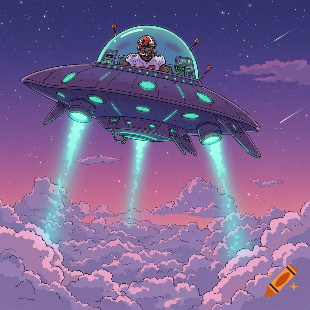 A cartoon illustration of an NFL player in a UFO with an alien co-pilot, flying above pink and purple clouds at night.