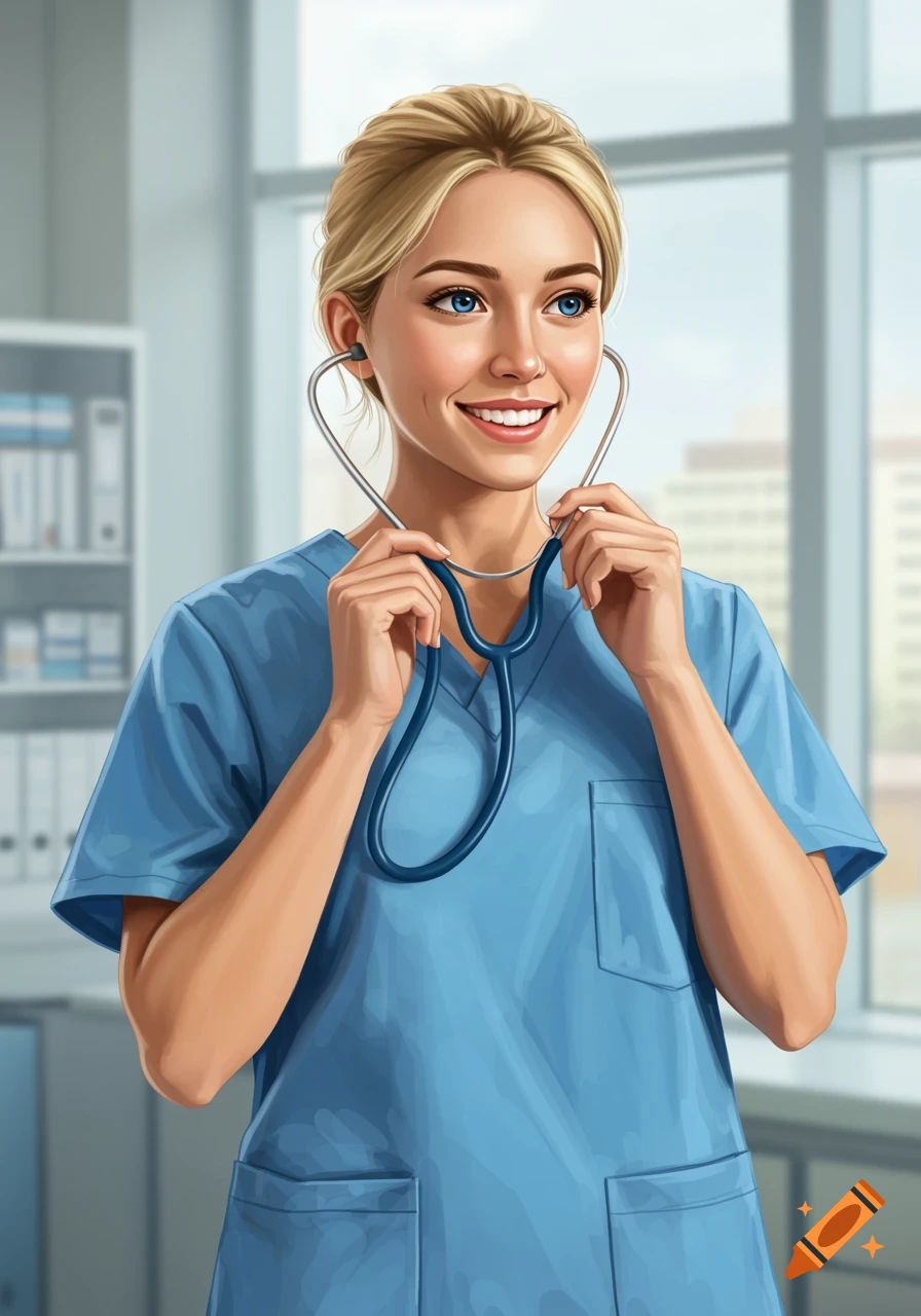 A smiling blonde woman in blue scrubs holds a stethoscope, depicted in a digital illustration.
