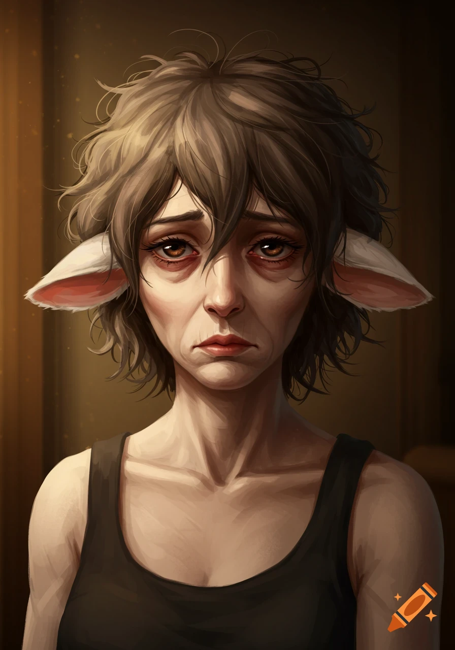 A portrait of a sad-looking anime woman with messy brown hair, tired red eyes, and white sheep ears.