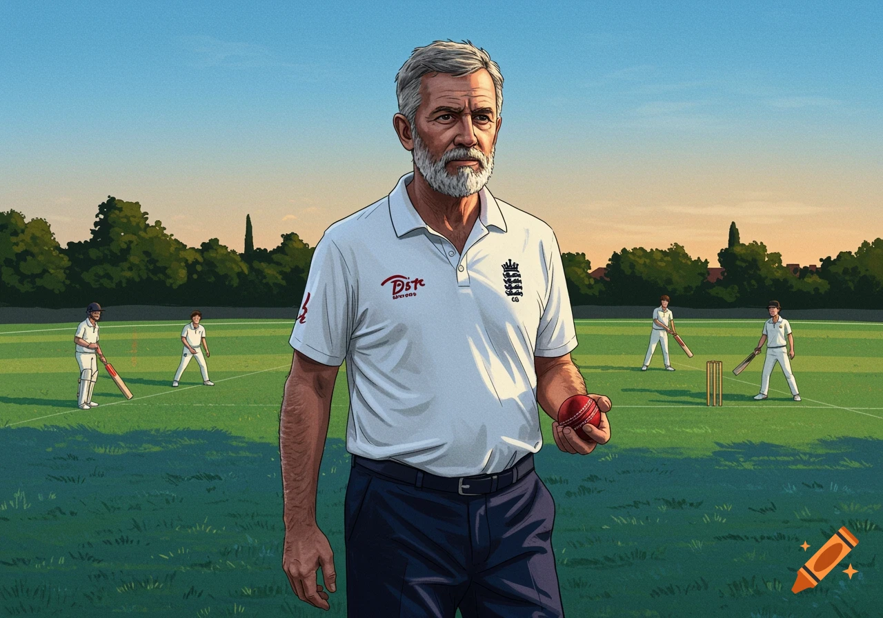 Stylized illustration of a gray-haired cricket coach standing on a field, holding a red ball, with players in the background.