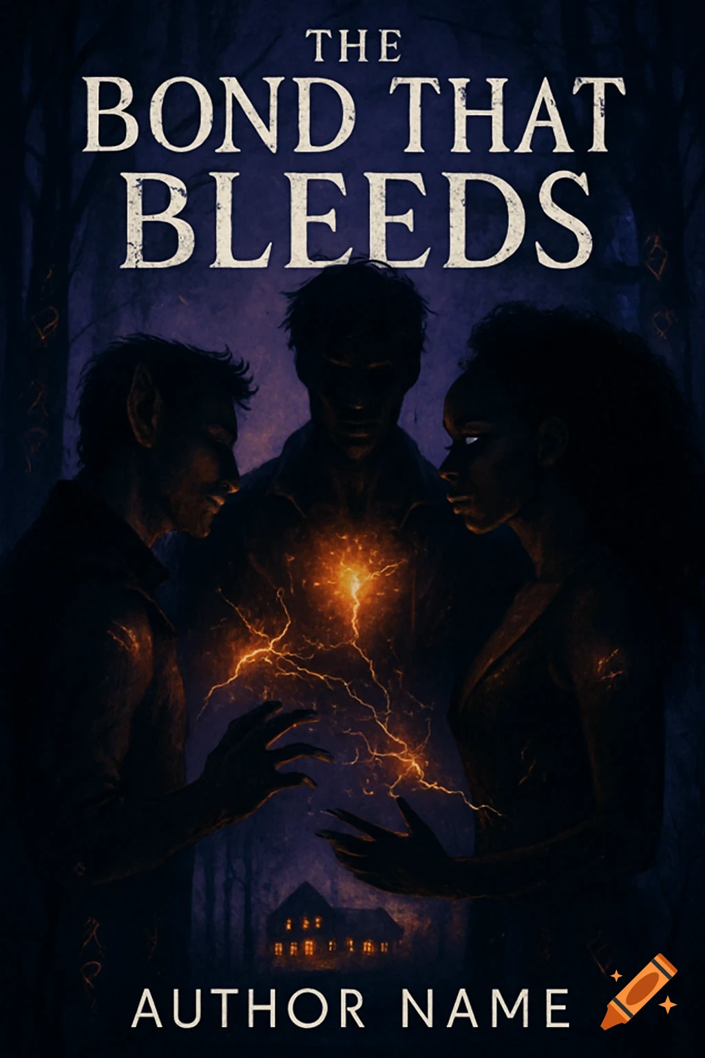A dark fantasy book cover showing three shadowy figures with glowing eyes and energy between them. A house and forest are in the background, with the title 'The Bond That Bleeds'.