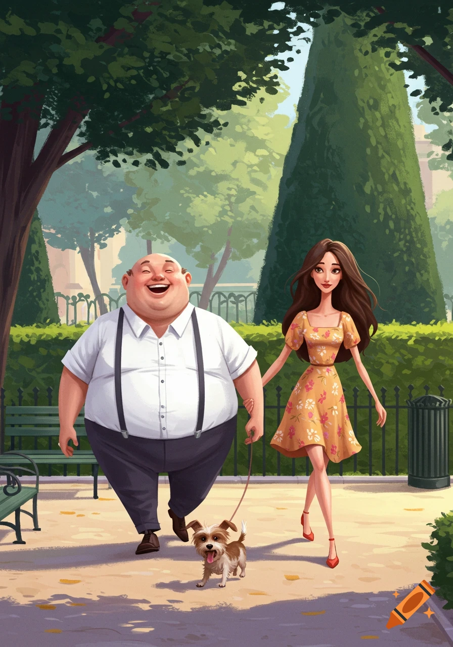A cartoon illustration of a happy, bald man and a woman in a floral dress walking a small dog in a sunny park.