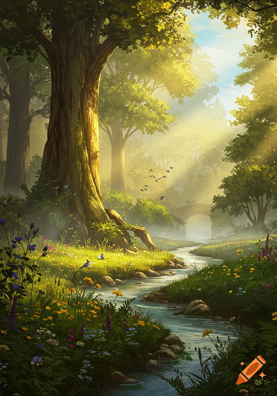 A lush, sun-drenched forest with a winding river, vibrant wildflowers, and towering trees, rendered in a painterly style.
