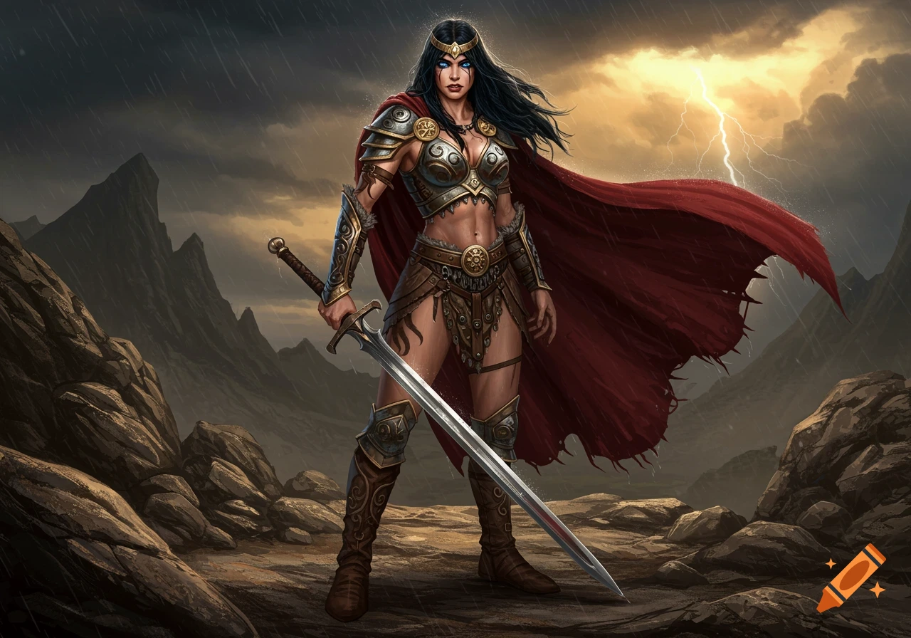 A powerful female warrior in armor with a red cape stands holding a sword in a stormy mountain landscape with lightning.