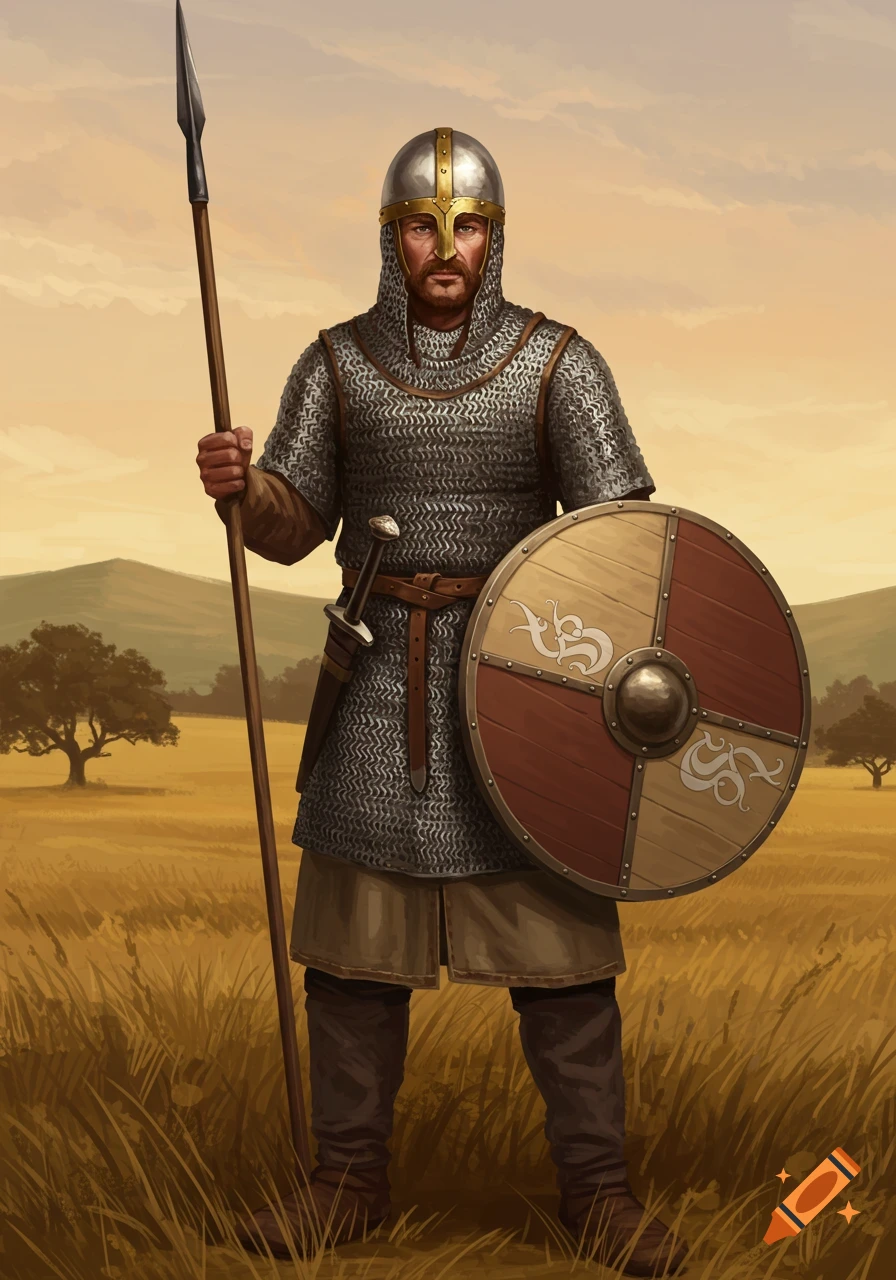 A warrior in chainmail armor and helmet holds a spear and a round shield, standing in a golden field under a cloudy sky.