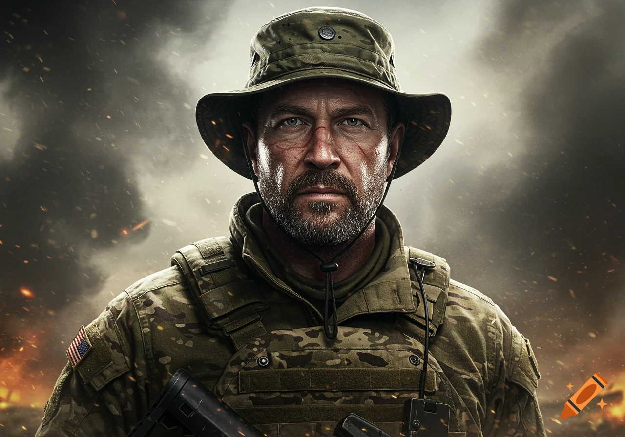 A grizzled soldier with scars on his face wearing a military uniform and hat against a smoky, fiery battlefield background.