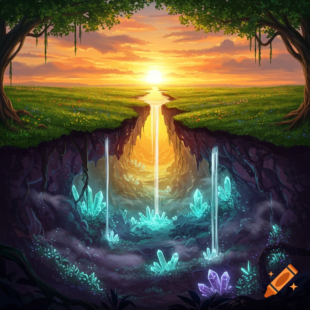 A vibrant fantasy landscape at sunset with a river flowing into a chasm revealing glowing blue and purple crystals below.