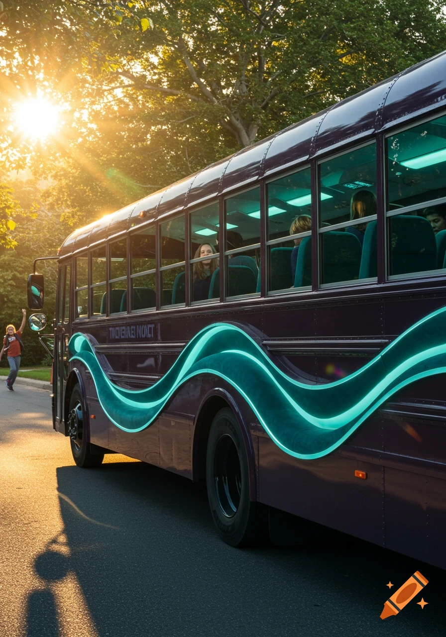 A purple school bus with teal glowing wavy stripes, driving at sunset with a person running beside it.