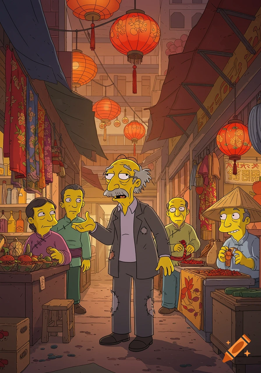 Old Gil from The Simpsons haggles with vendors in a bustling outdoor Asian market, under hanging red lanterns, in a cartoon style.