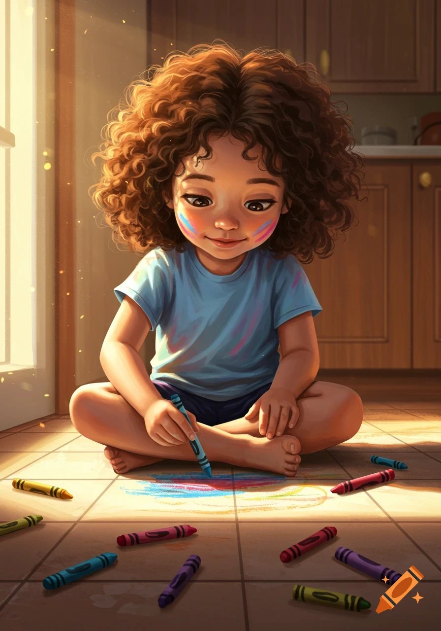 A cute little girl with curly hair sits on a sunny floor, drawing with crayons in an illustrative style.