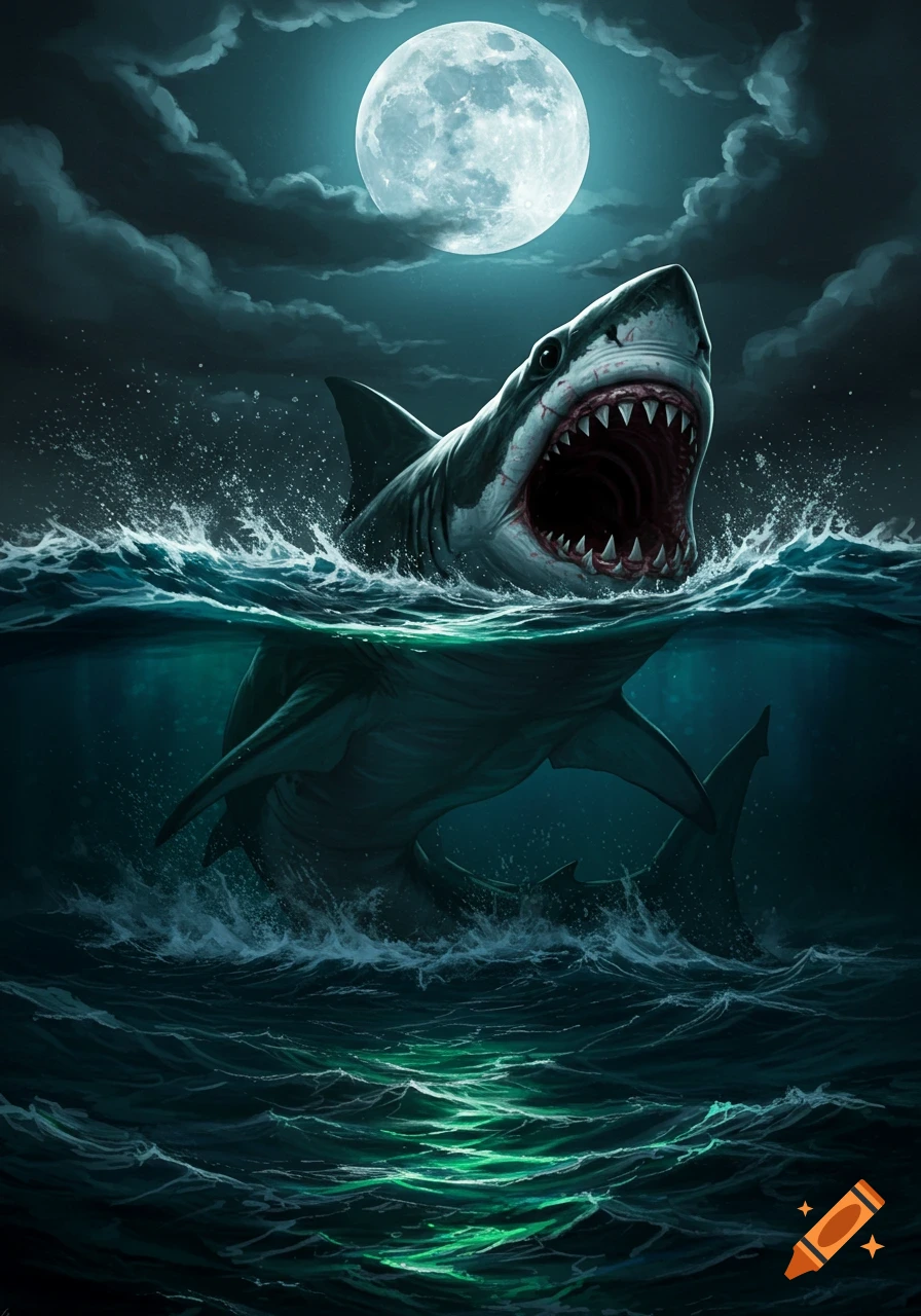 A great white shark bursts from the dark ocean waves under a large, glowing full moon at night, teeth bared.
