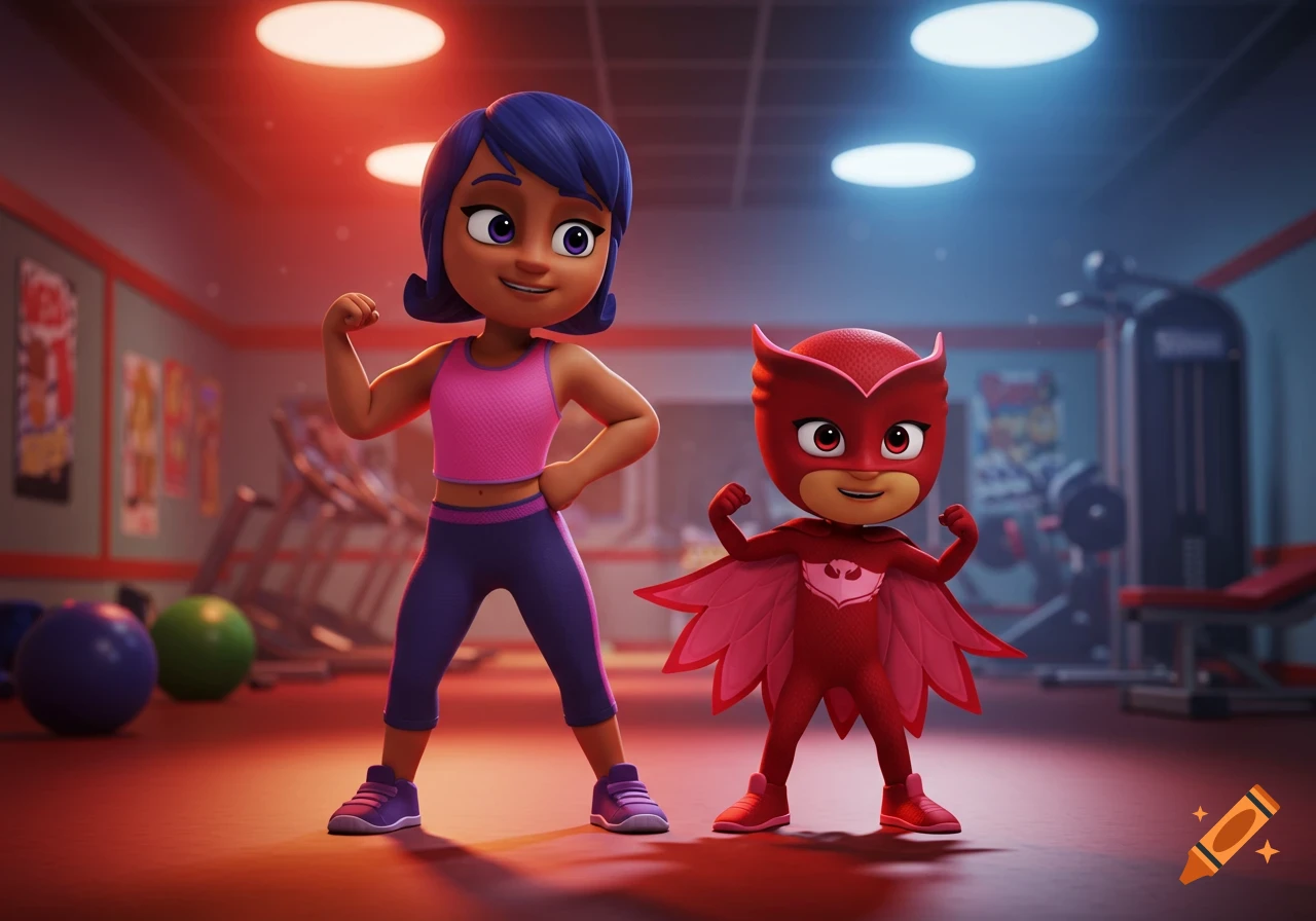 A cartoon woman and Owlette from PJ Masks flex their muscles in a gym.
