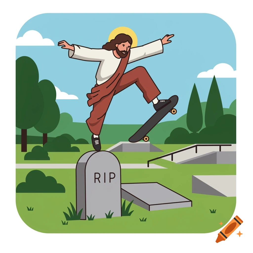 Cartoon illustration of Jesus Christ skateboarding over a gravestone in a skatepark, depicted in a flat, playful style.