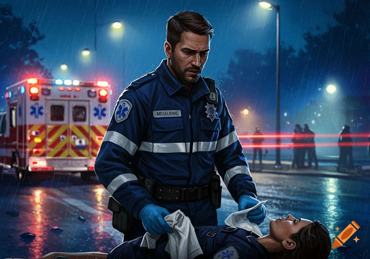 An EMT in blue uniform and gloves tends to a person lying on the wet street at night in the rain, with an ambulance in the background.
