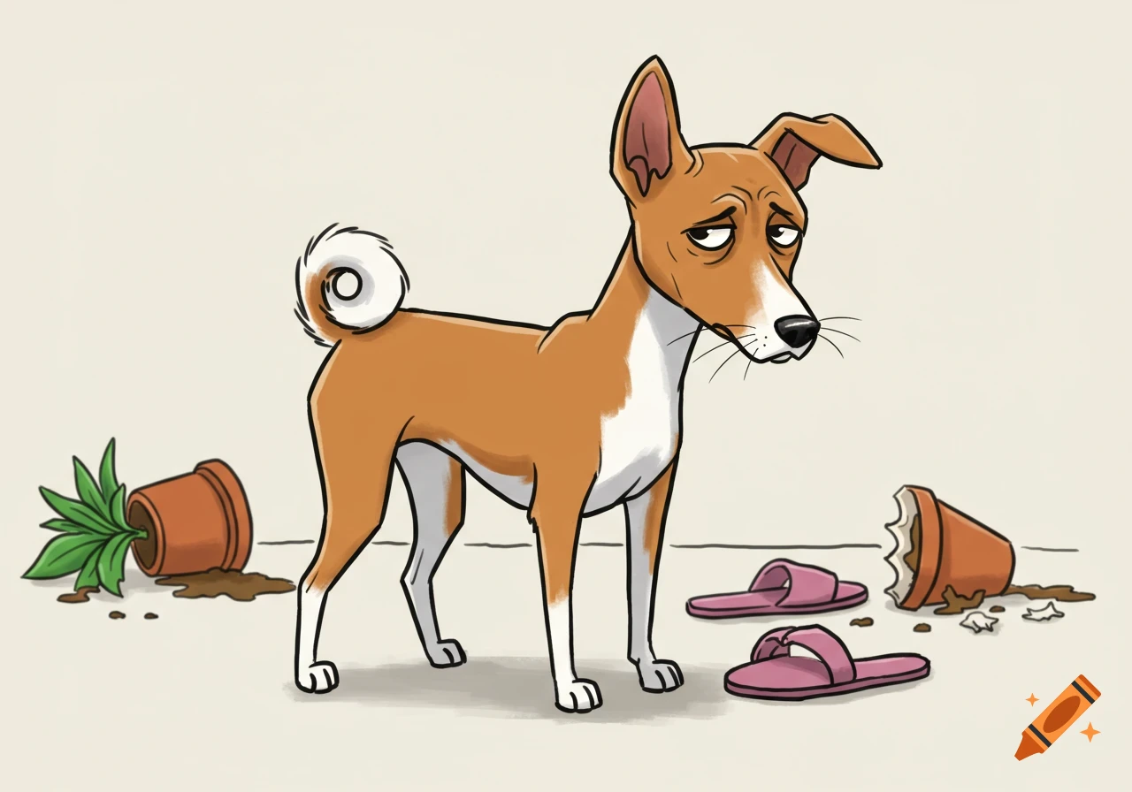 Upset cartoon Basenji dog stands next to a knocked-over plant and pink slippers, cartoon style.