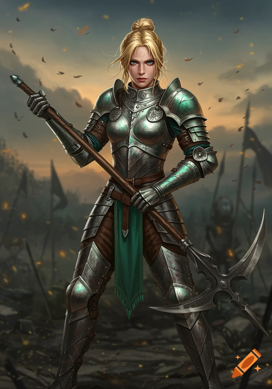 A blonde female fighter in full fantasy armor holds a glaive on a battlefield at dusk.