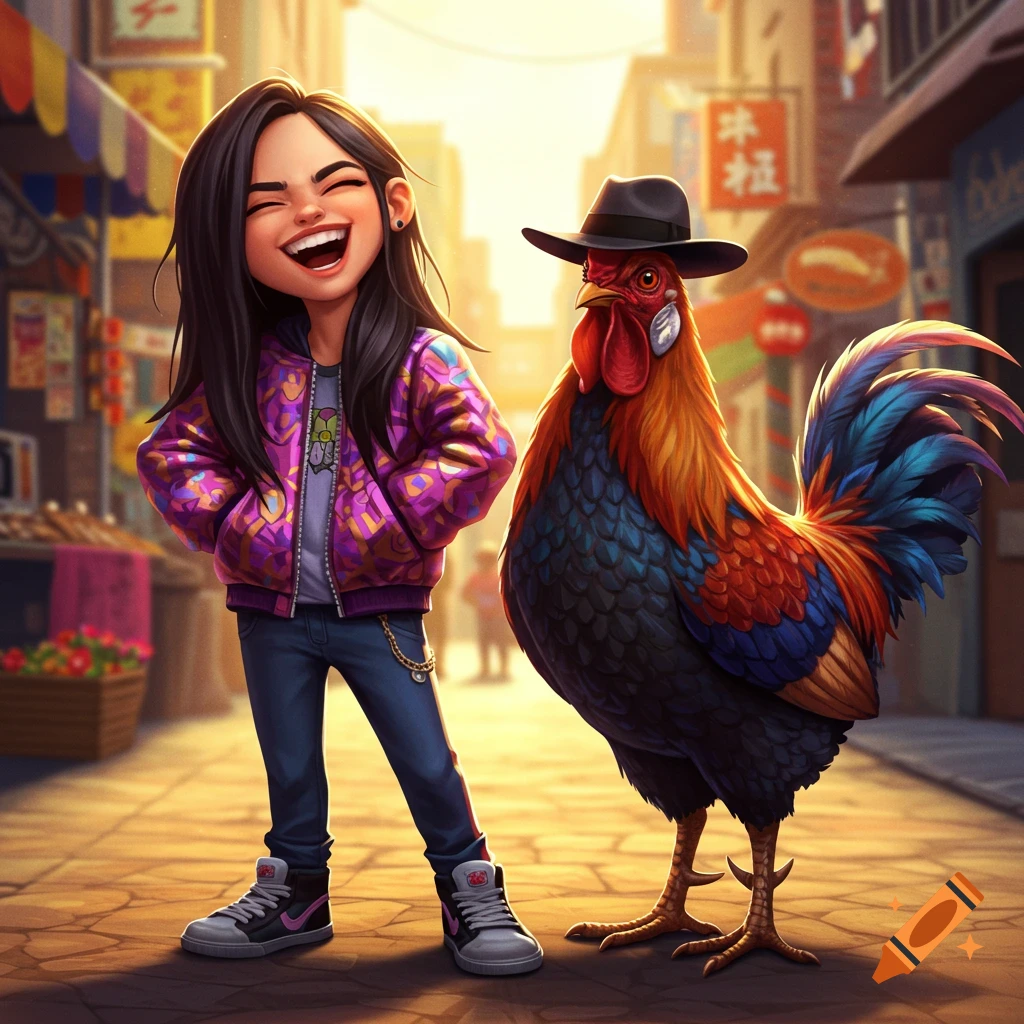 A smiling cartoon girl with long dark hair, wearing a purple patterned jacket and jeans, stands next to a large rooster wearing a black fedora, on a sunlit city street.