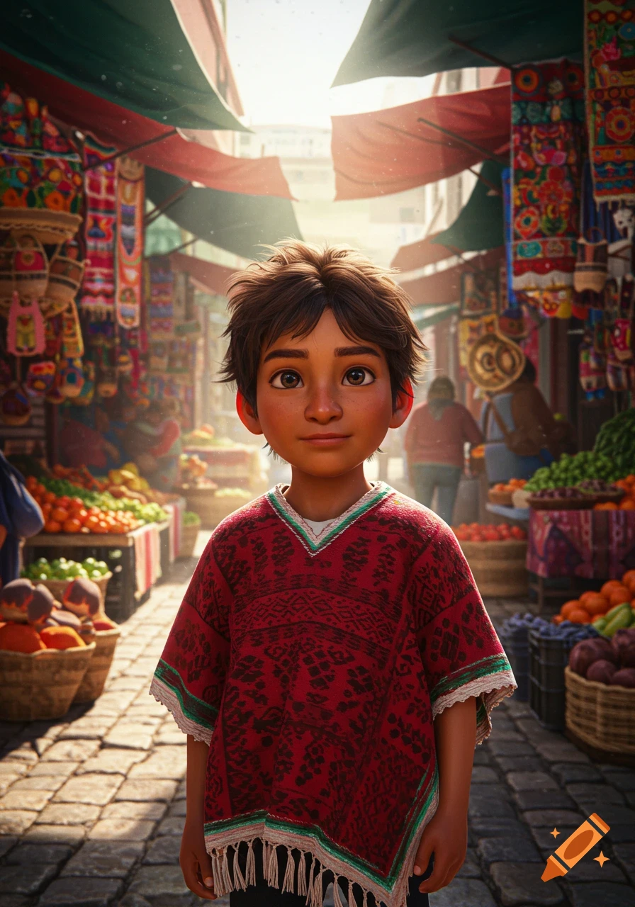 A young boy in a red patterned poncho stands smiling in a vibrant, sunlit street market filled with colorful stalls, digital art.
