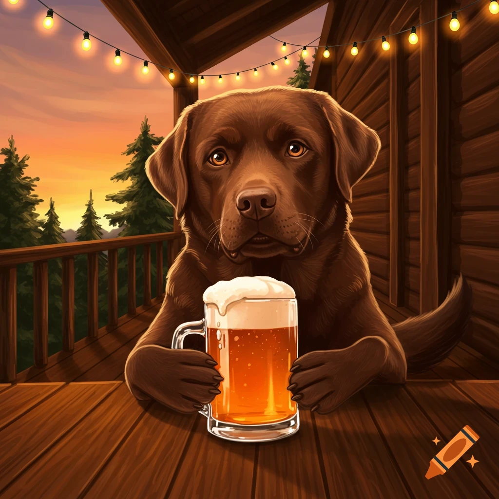 A chocolate Labrador dog sitting on a wooden porch, holding a mug of beer, with string lights and a sunset forest in the background.