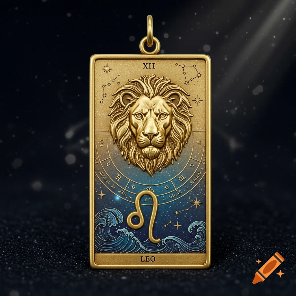 A gold tarot-inspired pendant featuring a relief of a lion's head, the Leo zodiac symbol, and a zodiac wheel with illegible text, set against a starry background.