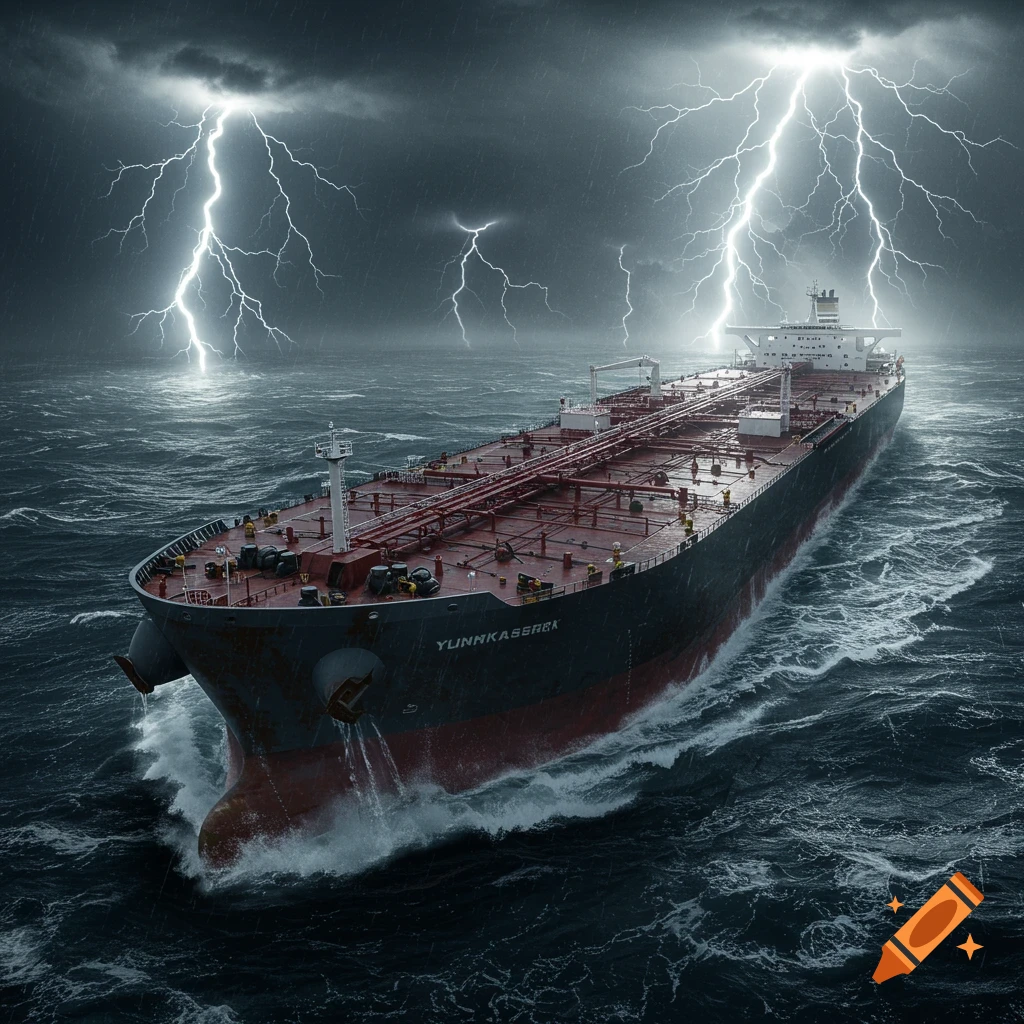 A large crude oil tanker sails through a stormy ocean with multiple lightning strikes in the dark sky.