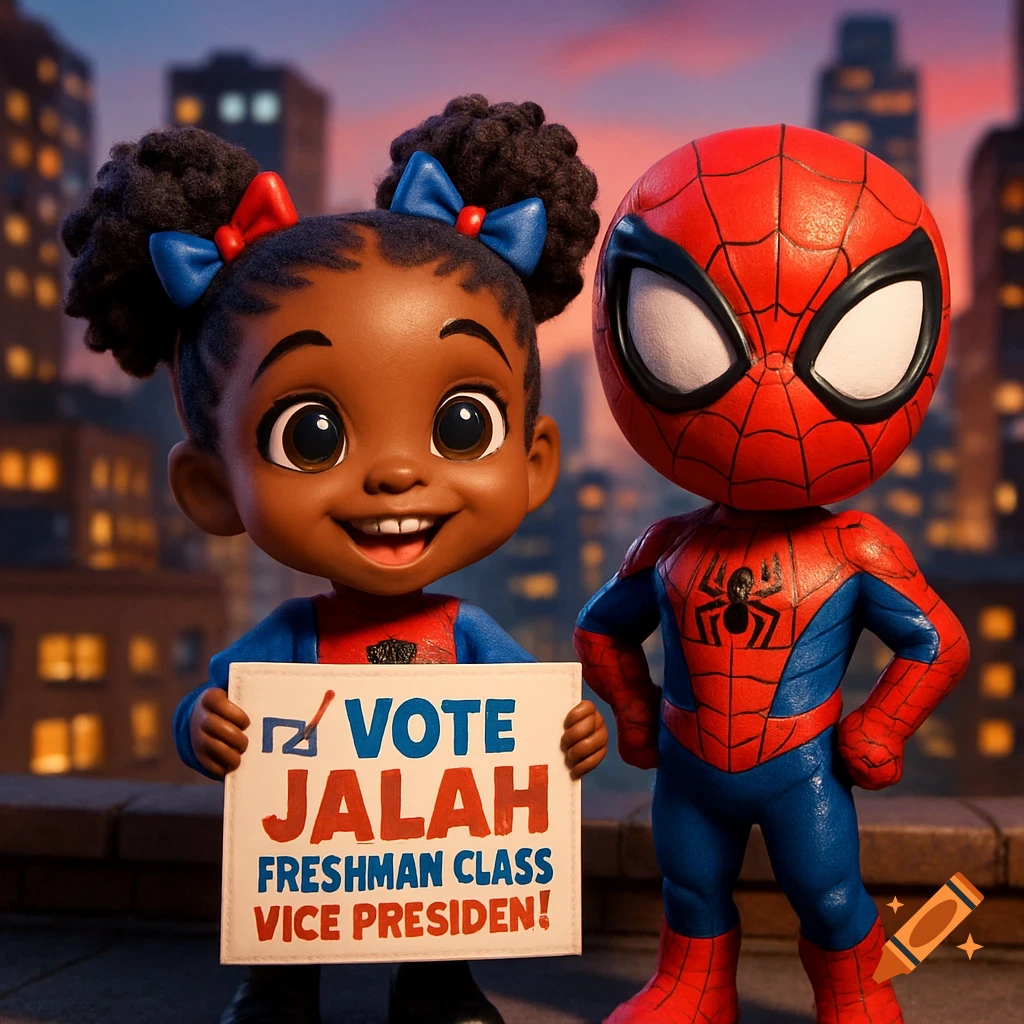 A chibi African American girl and chibi Spider-Man on a city rooftop at sunset. The girl holds a 'Vote Jalah' poster.