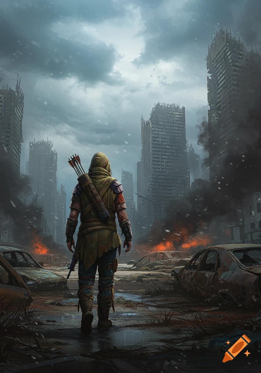 A hooded survivor with a quiver walks through a ruined, burning post-apocalyptic city with ash falling from dark clouds. Photorealistic.