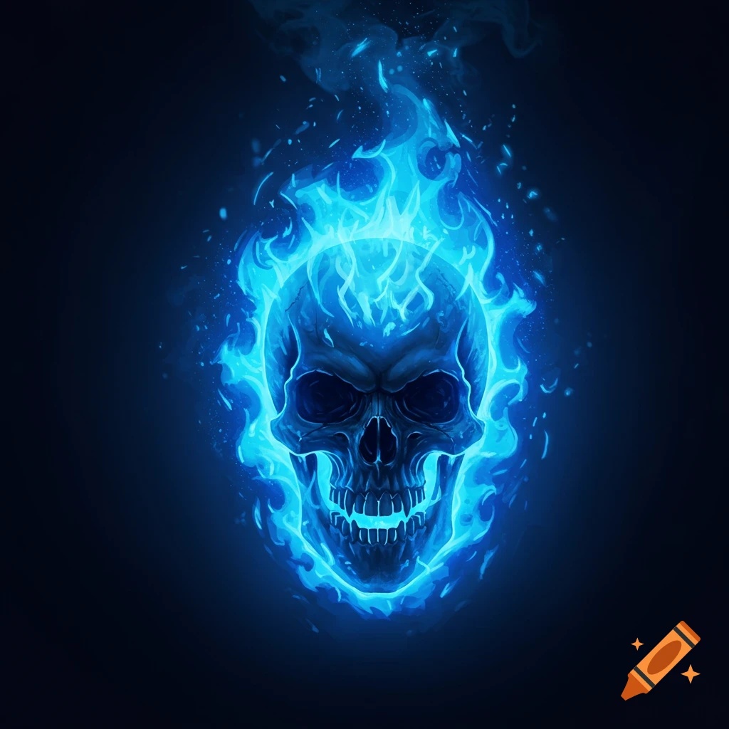A skull engulfed in vibrant blue flames against a dark background, in a digital art style.
