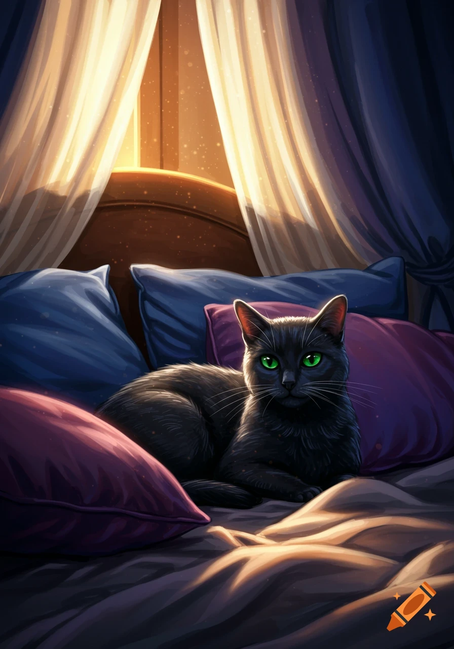 A black cat with bright green eyes lies on a bed with blue and purple pillows, bathed in warm, soft light filtering through sheer curtains.