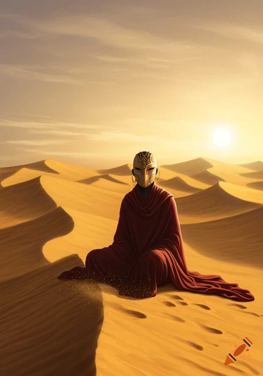 A masked figure in a red robe meditating in a vast, golden desert with sand dunes under a bright sky.