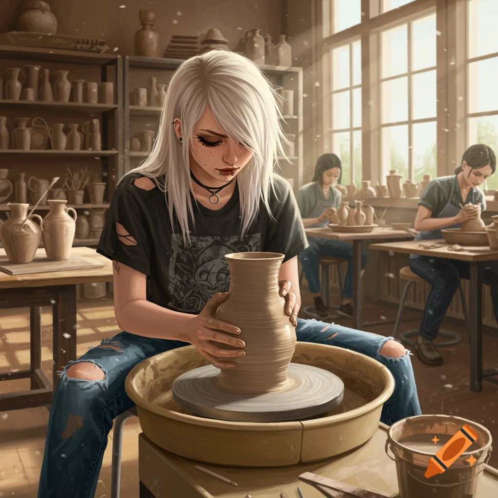 A white-haired woman with ripped jeans concentrates on throwing pottery on a wheel in a sunlit art studio, with other students in the background. Illustration.
