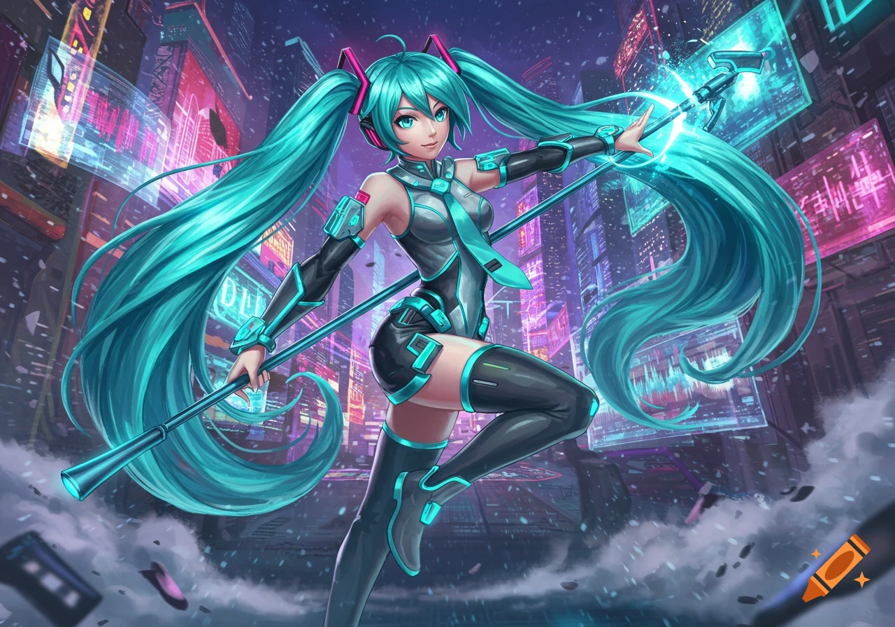 Hatsune Miku with long teal pigtails, wearing a sci-fi outfit, holding a staff, in a neon-lit cyberpunk city.