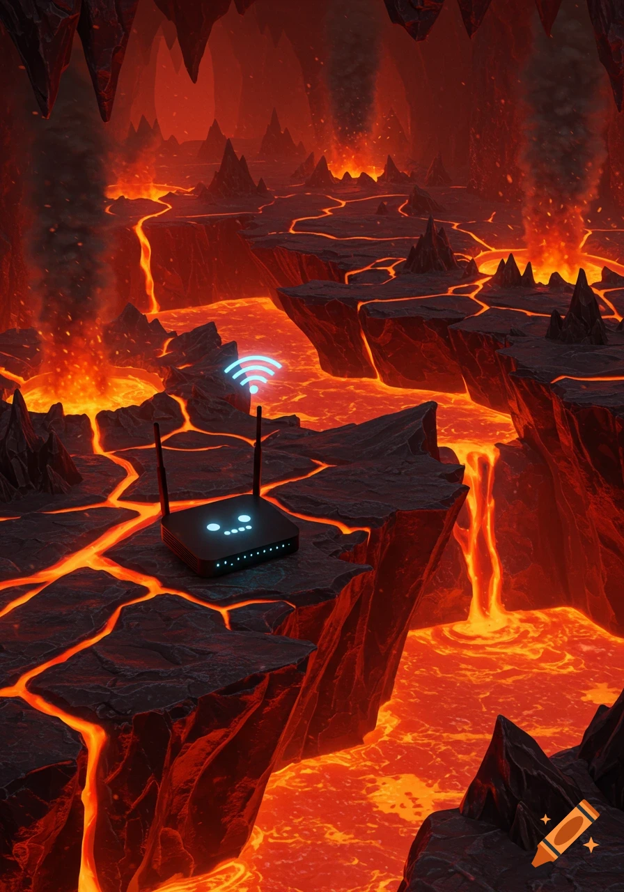 A WiFi router with an active signal sits on a rock in a hellish landscape filled with flowing lava and jagged formations. Digital art.