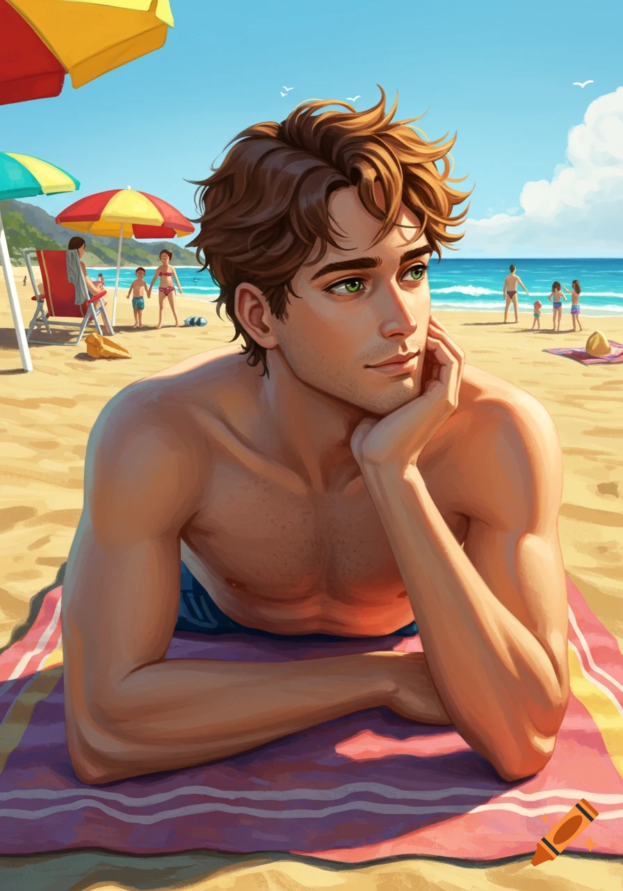 A man with brown wavy hair and green eyes relaxes on a striped towel at a sunny beach.