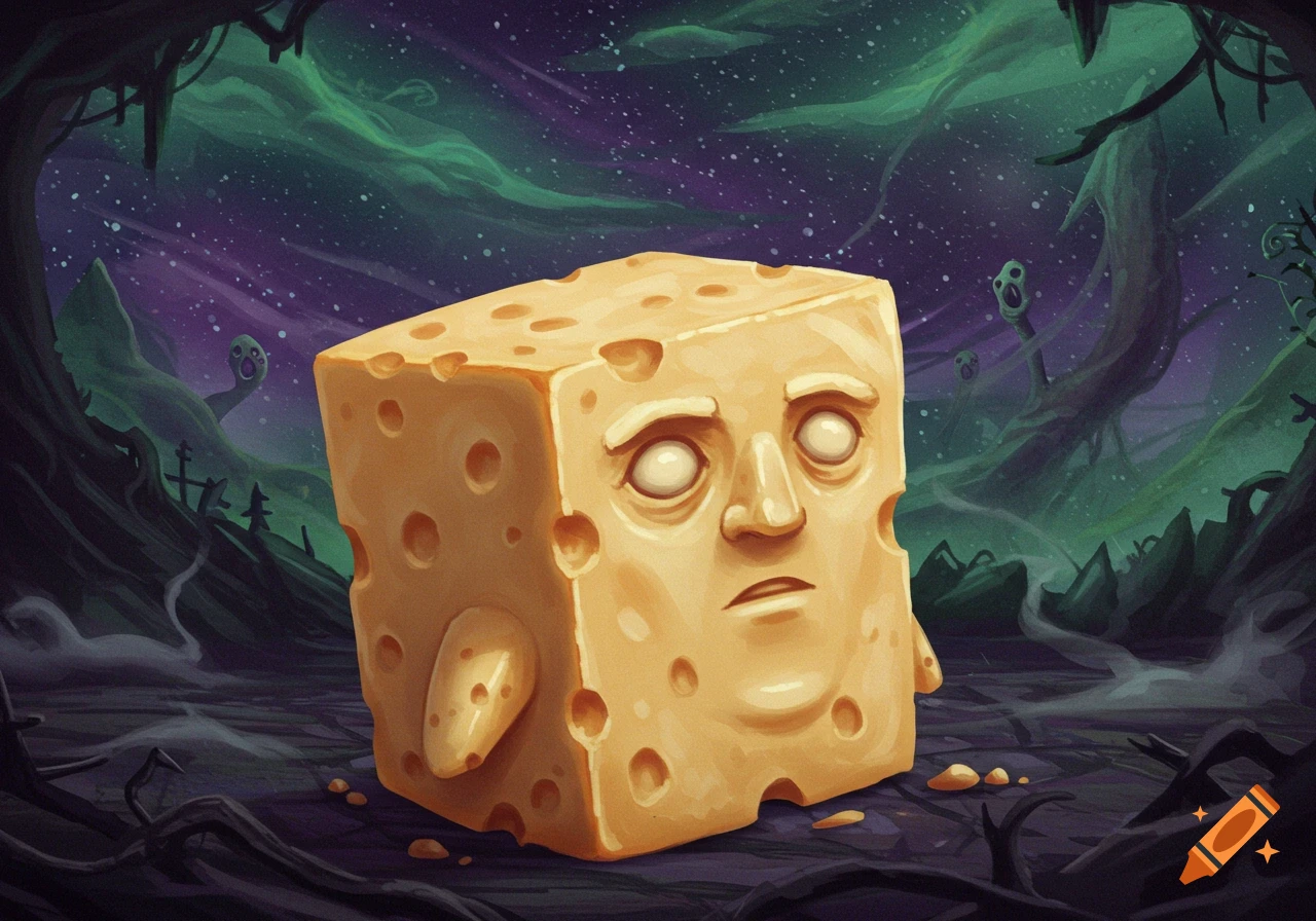 A block of cheese with a human face and blank eyes stands in a dark, gnarled forest under a purple, starry sky.