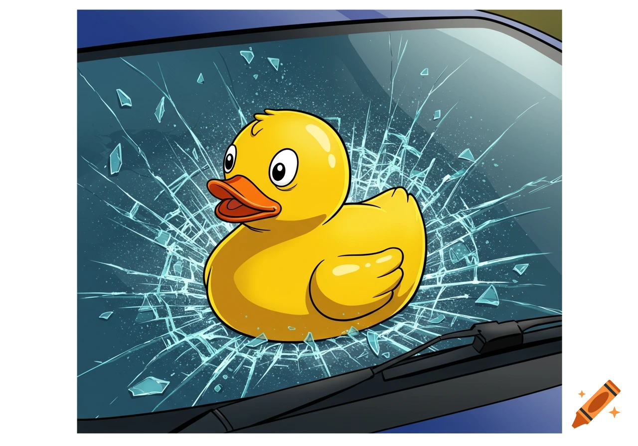 A cartoon rubber duck appearing to have crashed through a car's shattered windshield.