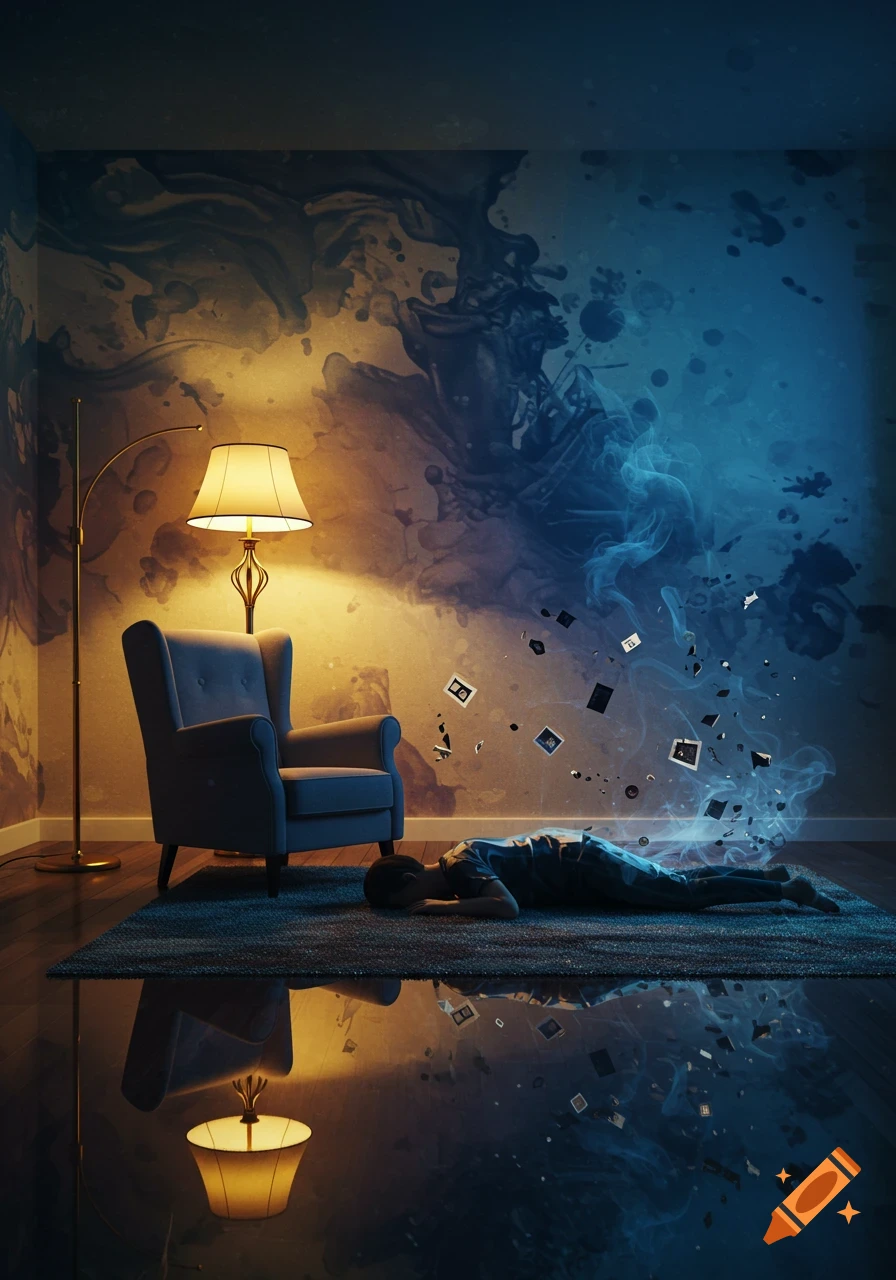 A person lies face down on a rug in a dimly lit room, with an armchair and lamp nearby. Blue smoke and fragmented photos drift from their body towards an abstract, paint-splashed wall.