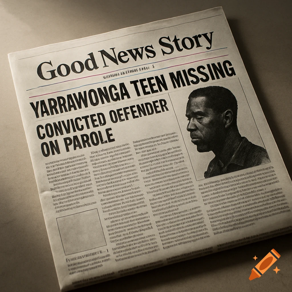 Close-up, top-down view of a vintage newspaper front page with headlines 'Good News Story', 'Yarrawonga Teen Missing', and 'Convicted Offender on Parole'. A black and white sketch of a man is on the right.